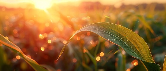 A close-up view capturing the delicate textures of a corn leaf, with a bokeh of sunrise over the cornfield providing a dreamy background, hyper-realistic