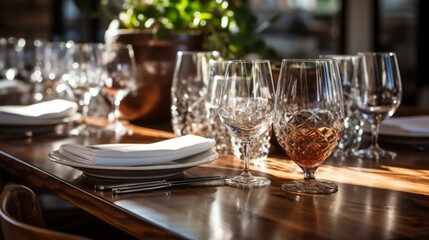 b'Crystal wine glasses on a wooden table set for a formal dinner'