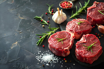 Raw steaks seasoned with garlic, rosemary, pepper, and salt on a black table