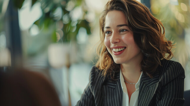 Client Meeting: A refined shot showcasing an elegant business woman in a three-piece suit engaging in a client meeting, conveying competence and trustworthiness in her professional
