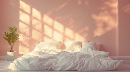 A bed with white sheets and pillows is in a room with a pink wall. The bed is in the center of the room and there is a potted plant next to it. The room has a cozy and comfortable atmosphere