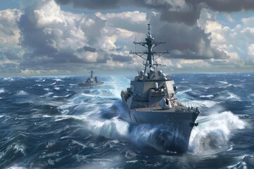 A navy ship sailing on a vast body of water. Suitable for military and nautical themes