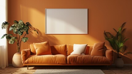 A living room with a large orange couch and a white framed picture on the wall. The room has a warm and inviting atmosphere