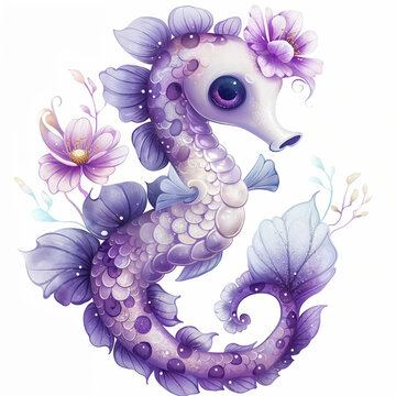 Seahorse. Watercolor illustration of a seahorse in lotus on a white background. For print, logo, icon
