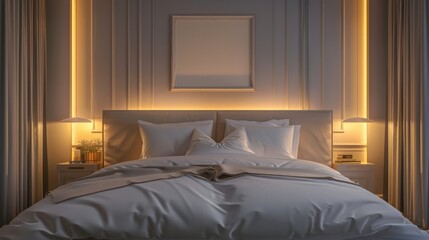 A bed with a white comforter and pillows, and a framed picture on the wall