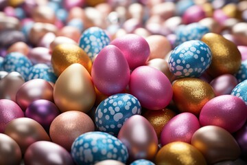 b'A pile of shiny Easter eggs in pastel colors'
