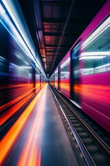 b'Motion blur of a subway train arriving at a station'