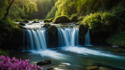 Obraz premium Landscape with river and forest with green trees. Silky crystal water and long exposure. Ordesa Pyrenees. 