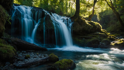 Obraz premium Landscape with river and forest with green trees. Silky crystal water and long exposure. Ordesa Pyrenees. 