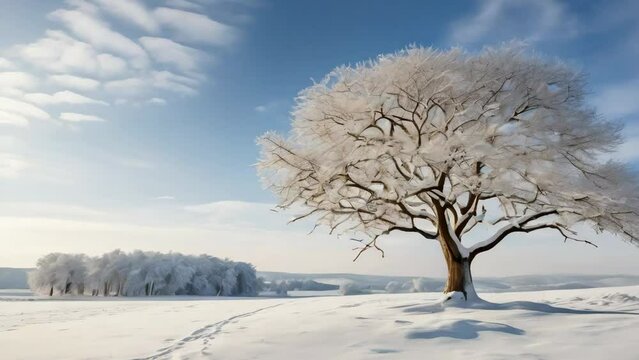 A single tree with branches heavy with snow stands out against a backdrop of frosted forest, Concept of solitude and the tranquility of winter
