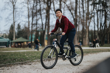 A boy riding his bicycle in a lush green park, exuding a sense of freedom and joy during his outdoor activity.
