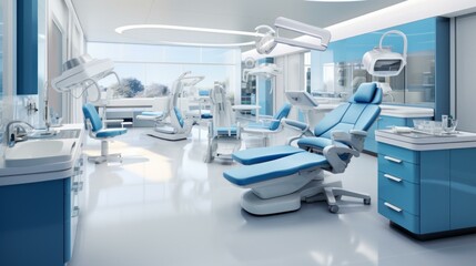 b'The interior of a modern dental clinic with blue and white colors'