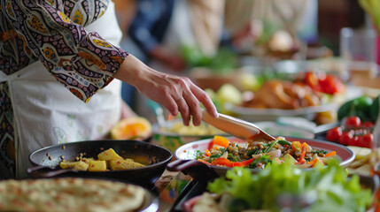Culinary Exploration: A Muslim woman experimenting with new recipes or cooking traditional dishes, sharing delicious meals with loved ones on a weekday, weekdays for Muslim women