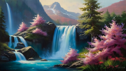 Landscape with river and forest with green trees. Silky crystal water and long exposure. Ordesa Pyrenees.
