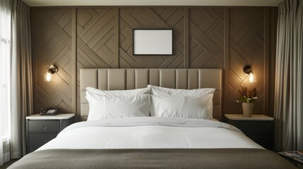 A large bed with white pillows and a black frame. The bed is surrounded by a wooden wall and has a vase of flowers on the nightstand. The room is well-lit and has a cozy, inviting atmosphere