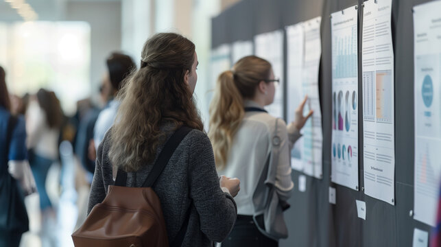 Poster Presentations: Office employees presenting their research findings and projects through poster presentations at a conference, office employees at a conference