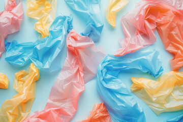 A pattern made of colorful plastic bags, symbolizing plastic pollution and environmental concerns.

