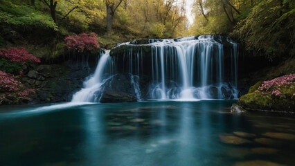 Fototapeta premium Landscape with river and forest with green trees. Silky crystal water and long exposure. Ordesa Pyrenees. 
