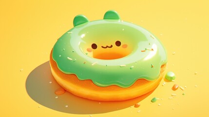 Adorable donut with green icing and eyes standing out against a sunny yellow backdrop