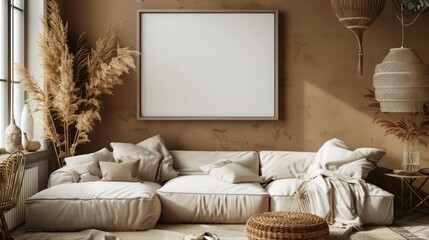 A living room with a white couch and a white framed picture on the wall. The couch is covered in pillows and a throw blanket. The room has a cozy and inviting atmosphere