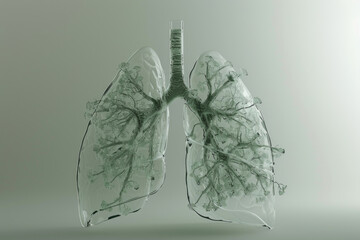 A digitally generated human lung textured with glass and tree branches and leaves embedded within.

