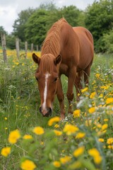 Horses grazing on lush green pasture with space for text. Vertical shot for farm or nature concepts