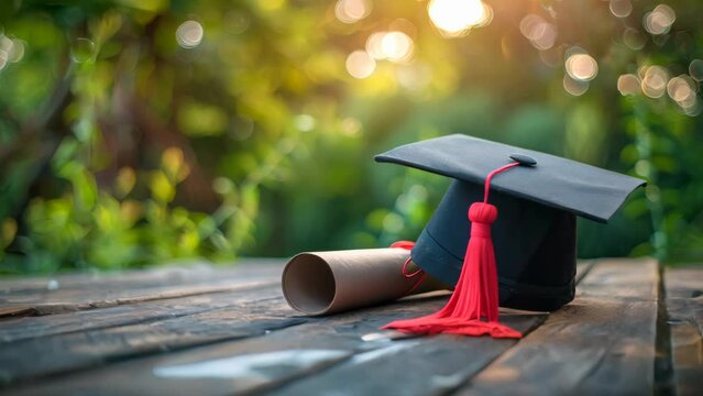 Graduation cap and diploma on wooden table with bokeh light background. Academic achievement concept. 