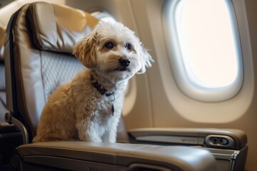 Pets on Board: Dogs Flying in Airplane Cabin. Cute dog comfortably seated in airplane cabin chairs, embodying the concept of pet transportation, relocation, and emigration.