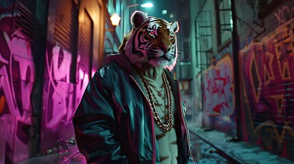 A cool tiger wearing a black leather jacket and gold chains is walking down a dark alleyway. The tiger's eyes are glowing in the dark. - obrazy, fototapety, plakaty