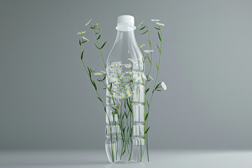 Digital generated image of grass and flowers growing on used plastic bottle against gray background.