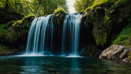 Landscape with river and forest with green trees. Silky crystal water and long exposure. Ordesa Pyrenees.
