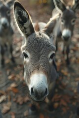 Cute donkey in harness standing protruding ears copy space vertical image for sale