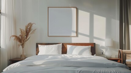 A large bed with white sheets and pillows sits in a room with a white wall and a wooden headboard. A framed picture hangs on the wall above the bed. The room is well-lit and has a clean