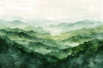Misty Green Watercolor Mountainscape