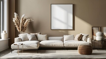 A living room with a white couch, a white framed picture, and a vase