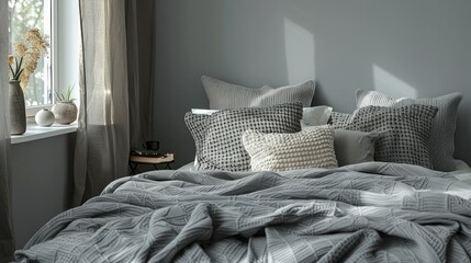 A bed with a gray comforter and pillows. The pillows are arranged in a way that creates a cozy and inviting atmosphere