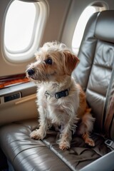 Pets on Board: Dogs Flying in Airplane Cabin. Cute dog comfortably seated in plane cabin chairs, embodying the concept of pet transportation, relocation, and emigration.