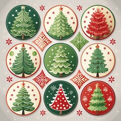 Circular Christmas Tree Stickers showcasing intricately decorated Christmas trees