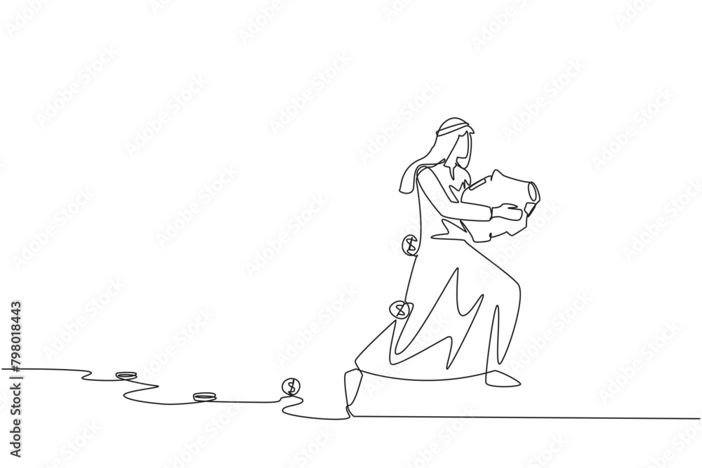 Poster single continuous line drawing arabian businessman running while carrying a piggy bank with coins sc
