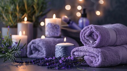 Obraz na płótnie Canvas Lavender spa products with candles and towels.