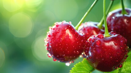 Dew-covered cherries with vibrant green background.