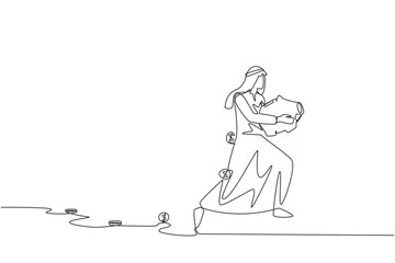 Single continuous line drawing Arabian businessman running while carrying a piggy bank with coins scattered around. Running to save profits. Can't suffer losses. One line design vector illustration