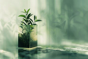 A digitally generated image depicting plants growing through a cubic shape, symbolizing nature's resilience and the integration of greenery into urban environments.

