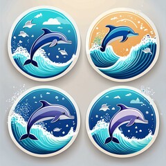Obraz premium Circular Dolphin Stickers featuring images of dolphins gracefully gliding through azure wateR