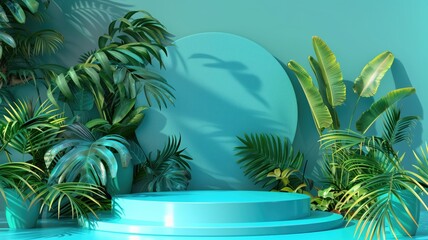 Reflective turquoise podium with tropical foliage.