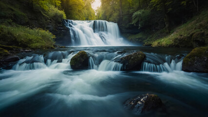 Landscape with river and forest with green trees. Silky crystal water and long exposure. Ordesa...