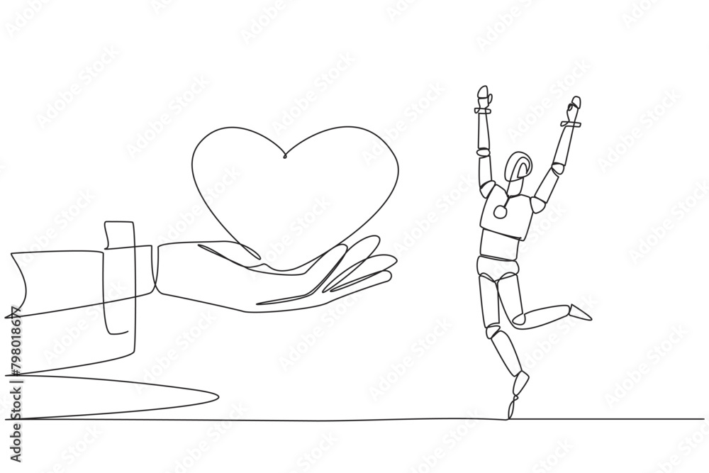 Aufkleber continuous one line drawing a robot happy to get love from the giant hand. sympathy. awe of the amaz