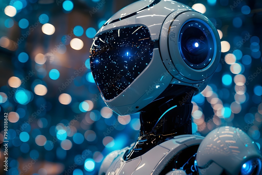 Poster cyborg portrait with digital data background - ai and cybernetics concept