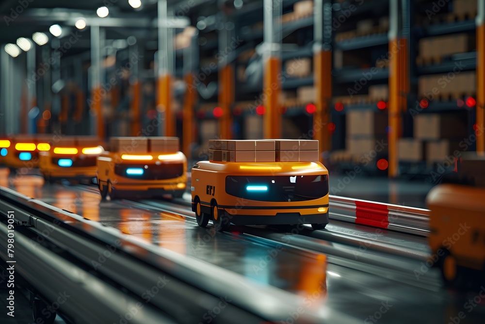 Poster autonomous delivery robots navigating through a modern warehouse
