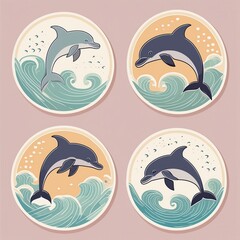 Fototapeta premium Circular Dolphin Stickers featuring images of dolphins gracefully swimming in sync